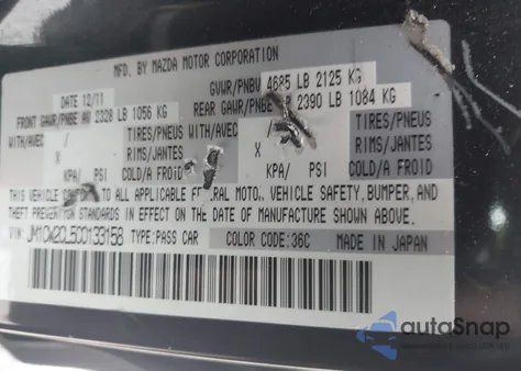 2012 Mazda Mazda5 Touring z USA, uszkodzony, nr VIN JM1CW2CL5C0133158